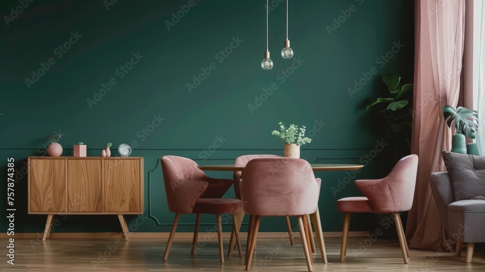 Obraz premium pastel pink color chairs at wooden dining table. Sofa near dark green wall. Mid-Century modern living room Interior Design. Scandinavian, home interior.