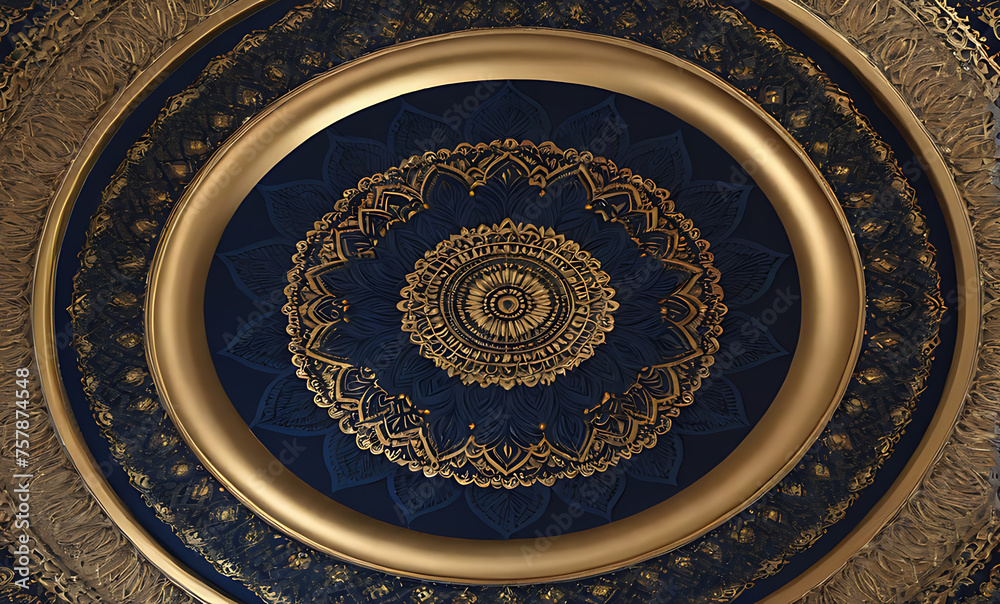 background, model of ceiling decoration with 3d wallpaper. decorative frame on a luxurious background of blue gold marble and mandala