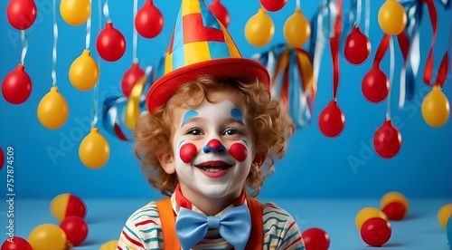 Laughable young clown set against a yellow backdrop. Playing with festive décor, a happy youngster. Birthday and the first April Fool's joke idea