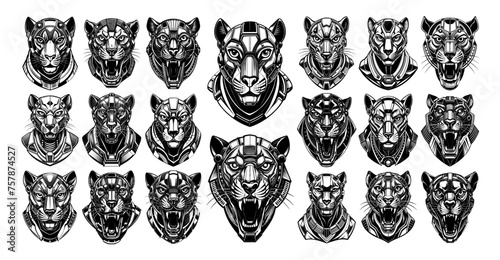 Futuristic puma cyborg head in front view illustration design bundle