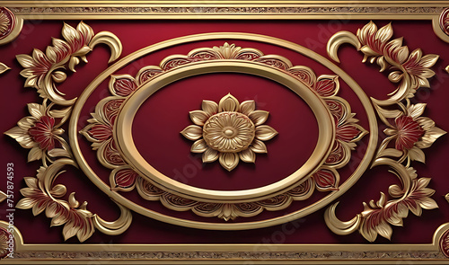 background, model of ceiling decoration with 3d wallpaper. decorative frame on a luxurious background of red gold and mandala