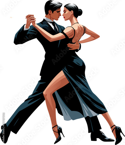 a guy in a suit and a girl in a black dress are dancing tango