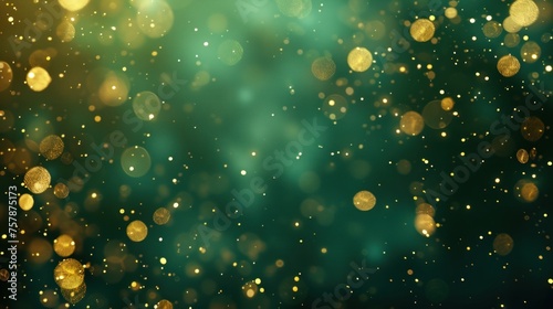 Abstract blur bokeh banner background. Gold bokeh on defocused emerald green background 