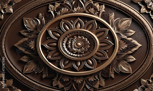 background, model of ceiling decoration with 3d wallpaper. decorative frame on a luxurious background of brown wood and mandala
