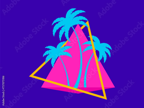 Palm trees in the futuristic style of the 80s. Triangle with silhouettes of tropical palm trees synthwave 80s. Design for banners and posters, advertising products. Vector illustration