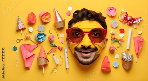April Fools' Day party décor with a multicolored ball, a mustache, and glasses set on a yellow backdrop. photo