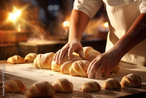 A baker using a rolling pin to flatten dough for croissants. photo