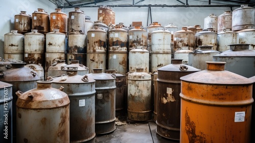 Many old hazardous chemical tanks used in industry and laboratories in an old laboratory.


 photo