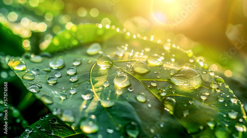 Transparent Drops of Water on a Green Leaf With Sun Glare