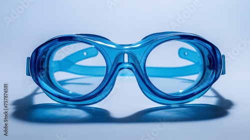 Blue swimming goggles on reflective surface.