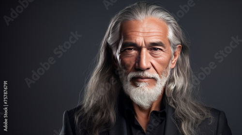 Handsome elderly Latino with long gray hair, on a gray background, banner. © ALA