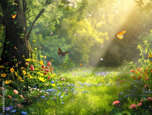 Spring meadow with flowers and butterflies. Sunlight in the forest