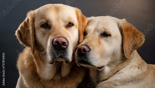 Capture the bond between two Labrador Retrievers as they cuddle together in a studio scene, with soft lighting enhancing the intimacy of their relationship.