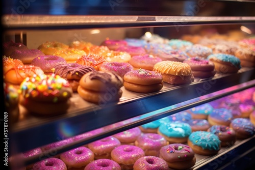 Rows of colorful donuts in a display case.