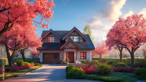 Modern single family house under a clear spring sky, illustration