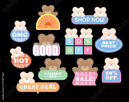 Teddy Bear sale badges including OMG, Shop Now, HOT, 50% Off, Best Price, Clearance Sale, Great Deal for online shopping, marketing, promotion, sticker, banner, button, campaign, discount, ad, cartoon