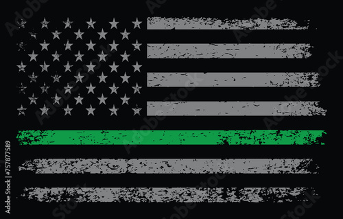 American Distressed Flag With Thin Green Line Vector Template. It is a symbol of supporting for federal law enforcement agents