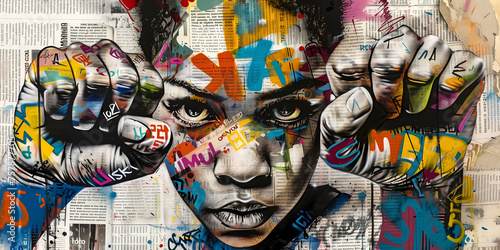 Graffiti, collage of grunge newspapers and multicolored painting, illustration of an African teen with a fighting spirit, a raised fist as a rebel, urban graphic artwork, street art, mixed media photo