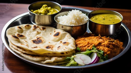 Naan ot chapati - the major food of indian tradition eating - naan is flat bread over steamed rice on banana leaf plate eat with several type of curry    