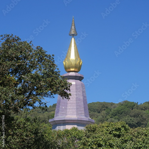 with twin pagodas on Doi Inthanon, the highest mountain in Thailand, on February 4th, 2024 near Chiang Mai