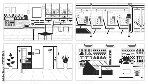 Public space interior black and white line illustration set. Coffee shop, checkout supermarket 2D interiors monochrome backgrounds collection. Hallway doors, bus seats outline scenes vector images