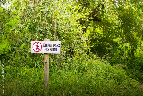 A red and white do not pass sign stands prominently in the middle of a dense forest, warning travelers not to proceed down the path.