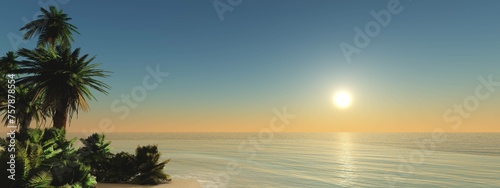 Beautiful beach with palm trees at sunset, panorama of a tropical landscape, sea sunset, 3d rendering