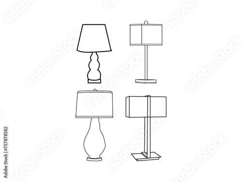 Different types of modern desk lamps or table lamps are isolated.black line art icons on a white background.