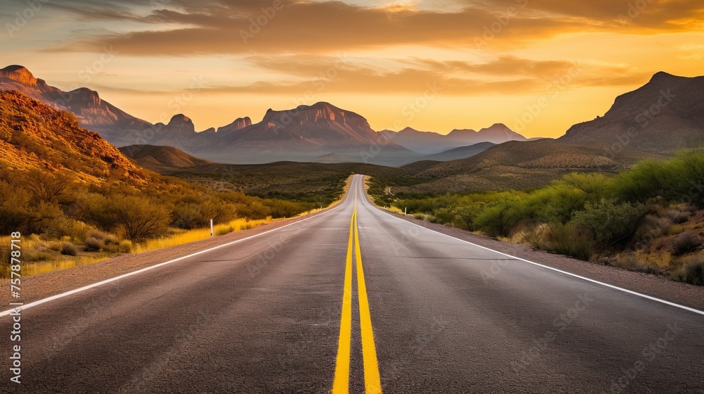 Paved road with yellow stripes in Big Bend National Park during sunset.


