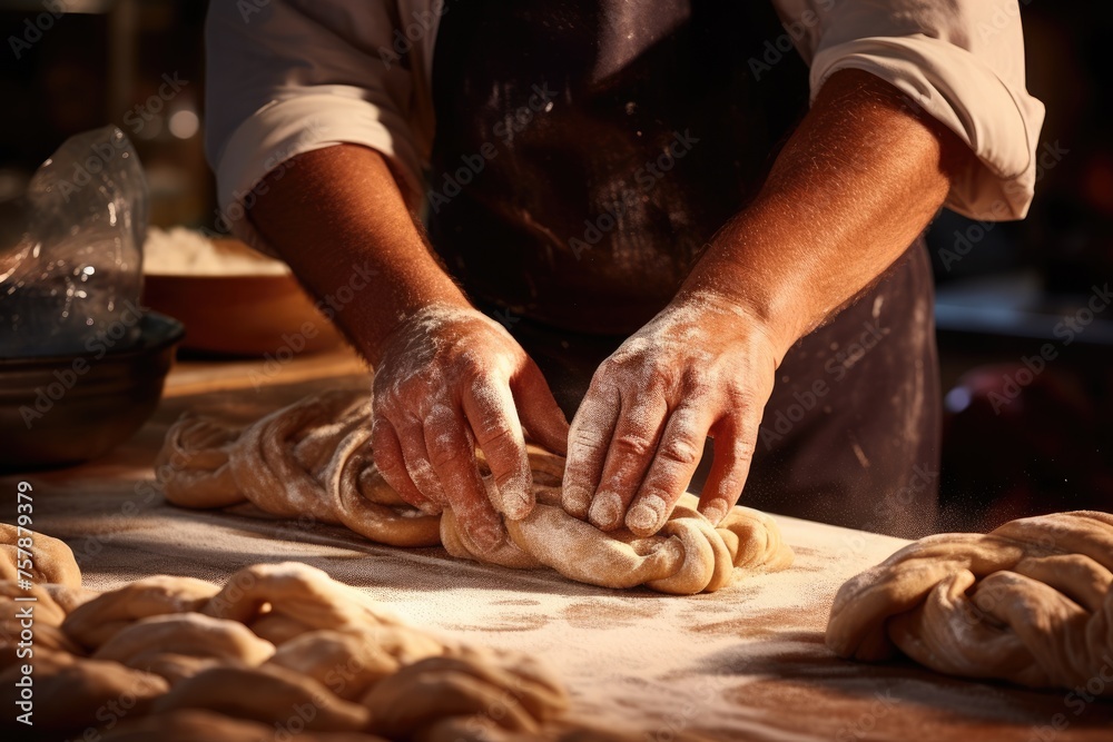A baker's hands shaping dough into twists for cinnamon twists.