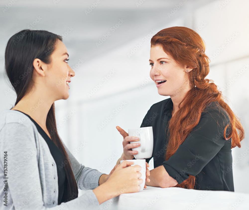 Business women, coffee and conversation with gossip, funny story or laughing with partner in office. Work friends, happy and listen with drink, latte and chat to start morning in corporate workplace Business women, coffee and conversation with gossip, funny story or laughing with partner in office. Work friends, happy and listen with drink, latte and chat to start morning in corporate workplace