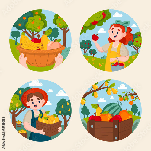 Hand drawn flat fruit harvest mini illustration set with people collecting fruits