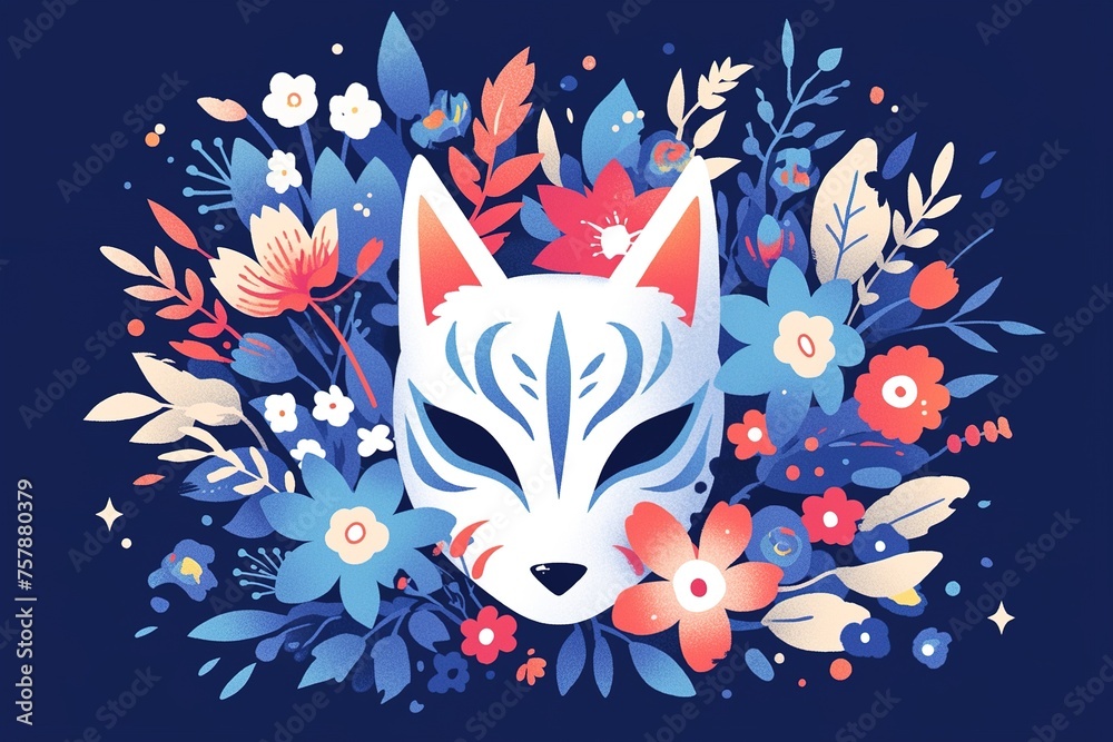 illustration of japanese fox kitsune mask in flowers on blue background illustration of japanese fox kitsune mask in flowers on blue background