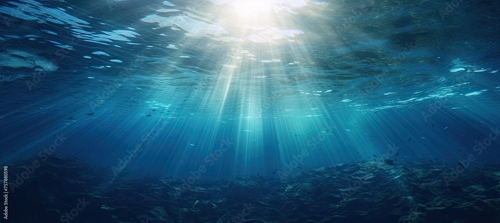 Dark blue ocean surface seen from underwater. sun light rays under water