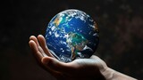 Human hand holding a globe, with Earth's layers superimposed, showcasing geology.