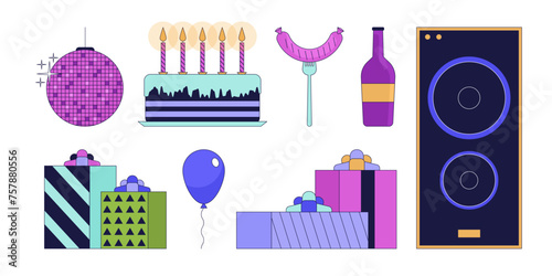 Birthday party celebration 2D linear cartoon objects set. Home decor  food and entertainment isolated line vector elements white background. Holiday event color flat spot illustration collection