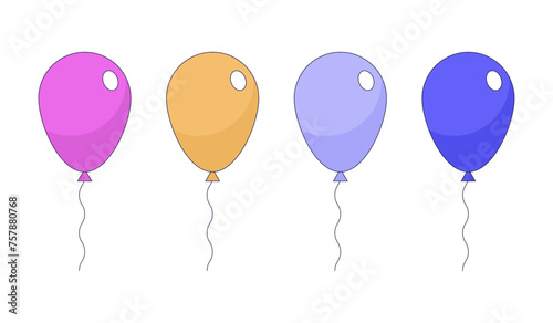 Floating air balloons 2D linear cartoon objects set. Birthday party accessories. Festive decor isolated line vector elements white background. Holiday symbols color flat spot illustration collection