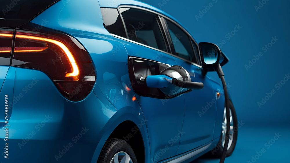 electric car connected to charger on blue.generative.ai