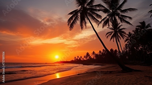 Silhouette of coconut palm and sun lights true trees on beach at sunset  Mirissa  Sri Lanka.   