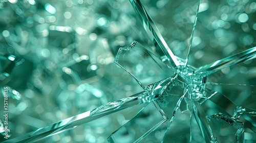 Shattered glass, emerald green background, 3d rendering