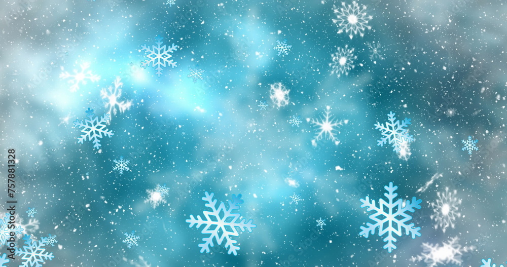 Image of digital various snowflakes moving over turquoise multiple exposure background Image of digital various snowflakes moving over turquoise multiple exposure background