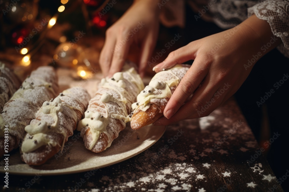 A close-up of a baker's hands filling cannoli shells, with fairy lights adding a touch of whimsy.