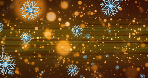 Image of snowflakes over light spots and trails on black background