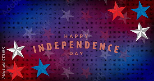 Image of happy independence day text over stars on red and blue background