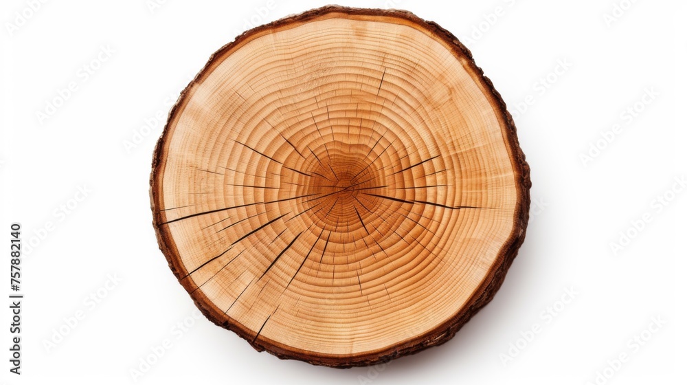 Brown tree stump slice with age rings cut from forest with wood grain on white background. Top view