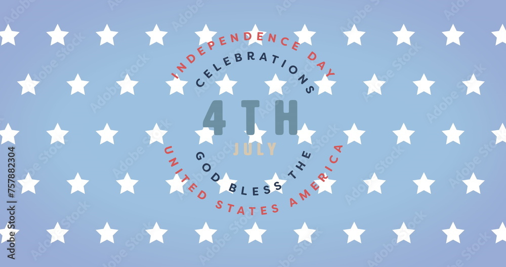 Fototapeta premium Image of 4th july independence day text over stars on blue background