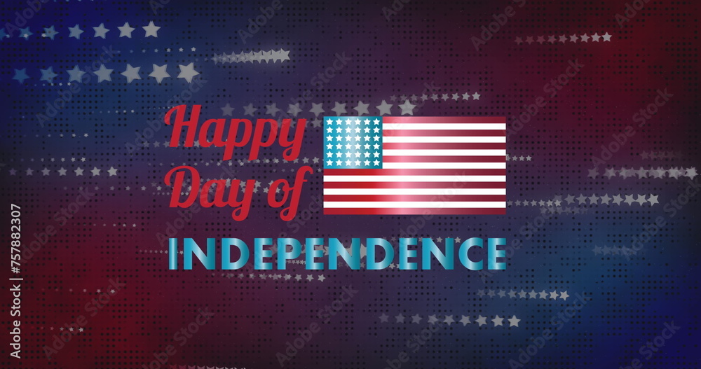 Obraz premium Image of happy day of independence text over stars on red and blue background