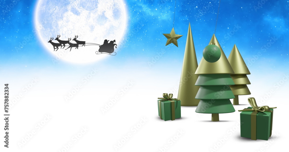 Obraz premium Image of christmas decorations over santa claus in sleigh with reindeer and moon on sky