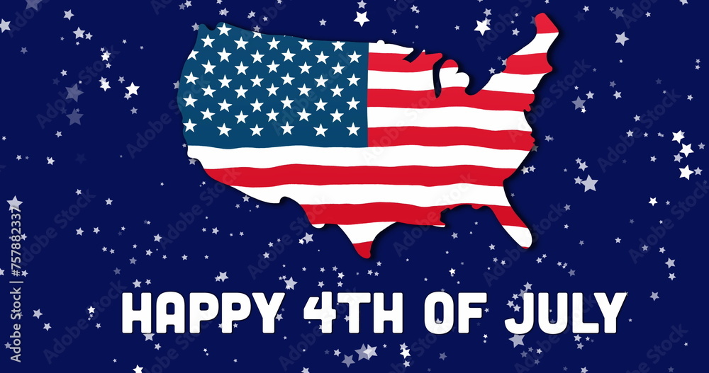 Obraz premium Image of happy 4th of july text with map of usa over stars on blue background
