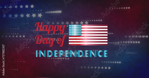 Image of happy day of independence text over stars on red and blue background